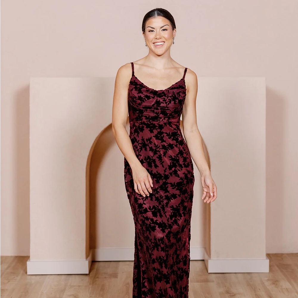 Burgundy Bridesmaids Skye Floral Burnout Velvet Dress (Size 2)